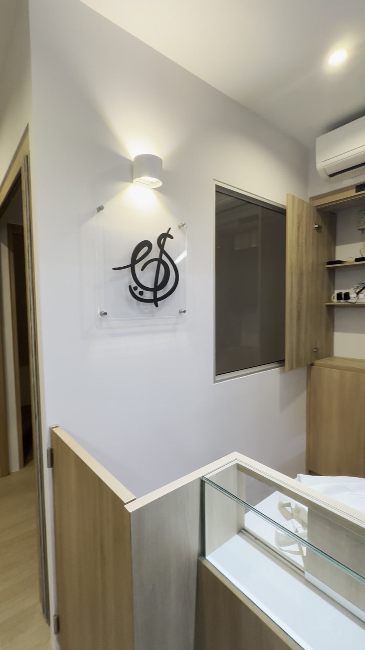 The studio interior with instruments on the wall